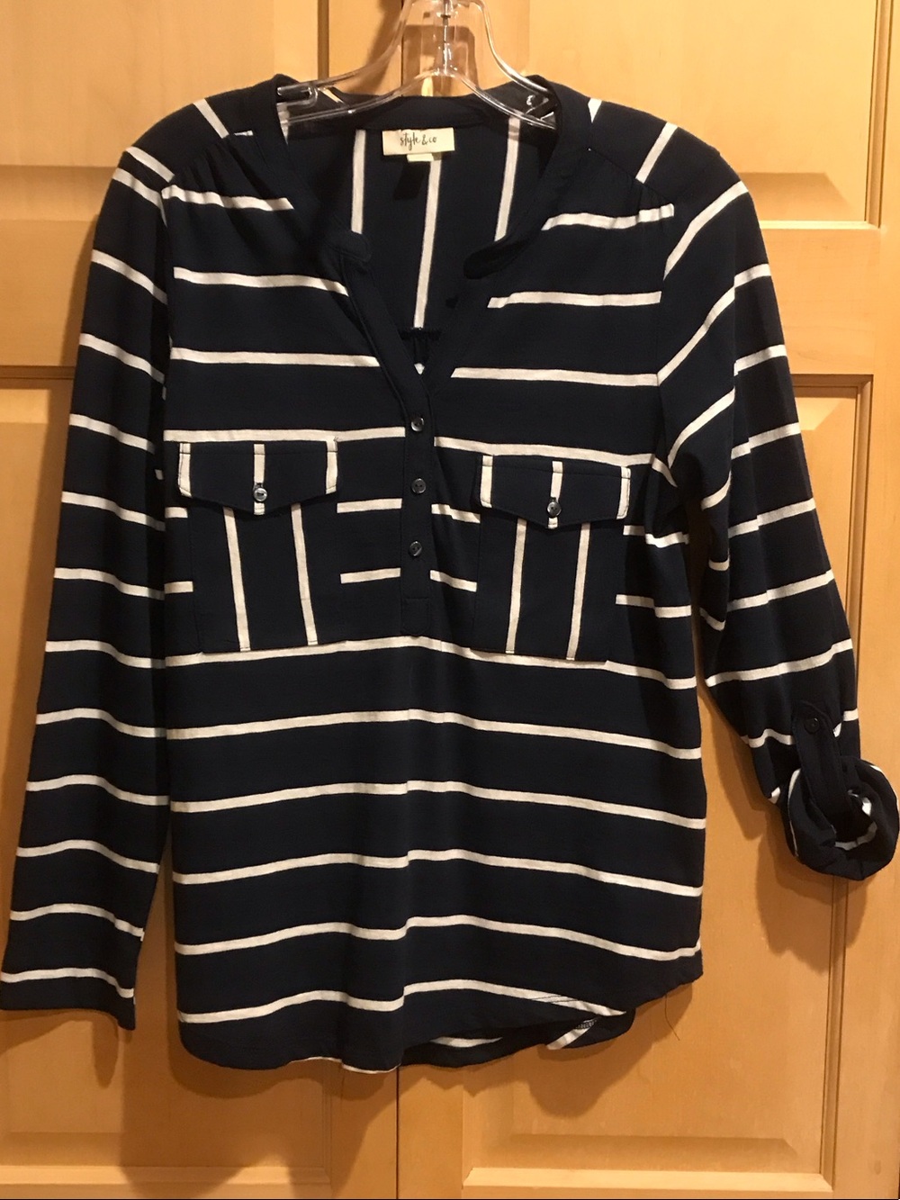 New Style & Co. Navy and White Striped Henley Tunic Top
